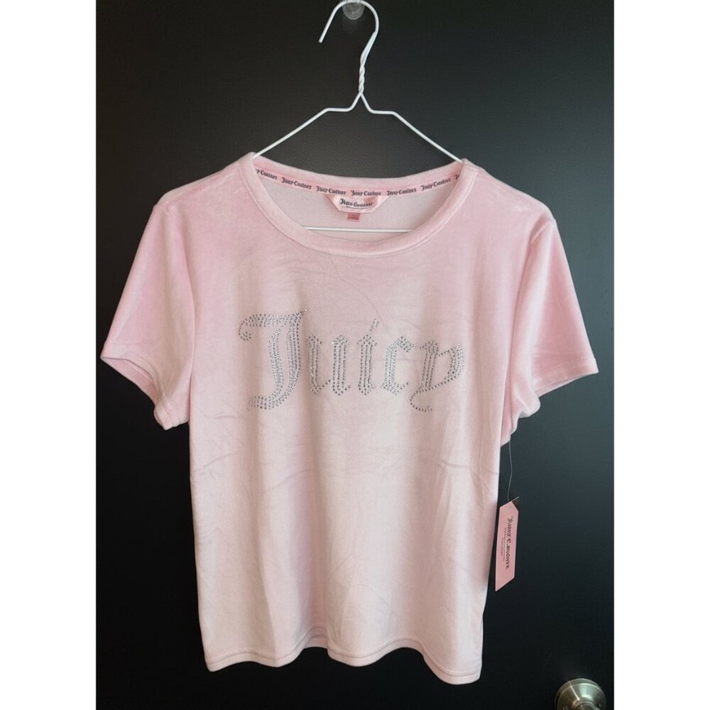 Juicy Couture Velour Short Sleeve Top Pink Rhinestone “Juicy” Logo‎